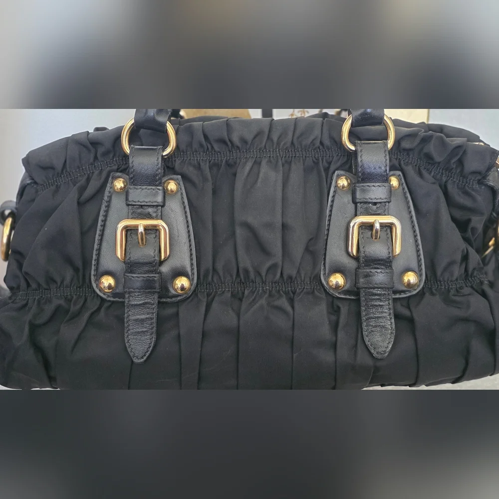 PRADA BLACK NYLON GAUFRE GATHERED TESSUTO ZIPPED SHOULDER BAG 2 Ways - Picture 8 of 17